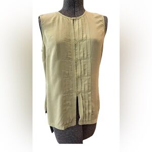 Joan Leslie 100% Silk‎ light lime 6P button up sleeveless blouse pleated 90s/Y2K
